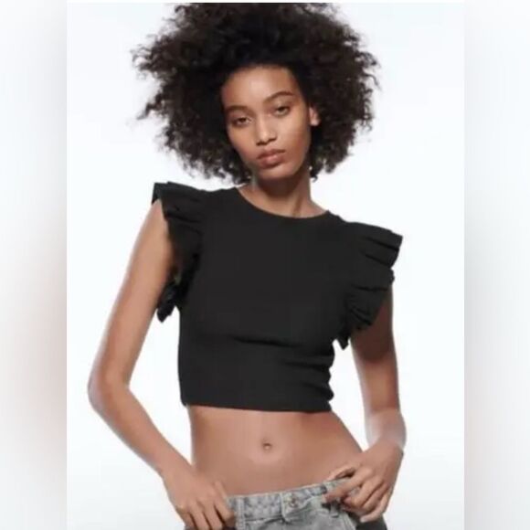 Zara Black Ruffle Sleeve Top Size 26 - Picture 10 of 11